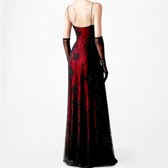 Vintage Burgundy Red Floral Velvet Beaded Mesh Bodycon Maxi Dress Size M/L - Picture 3 of 8